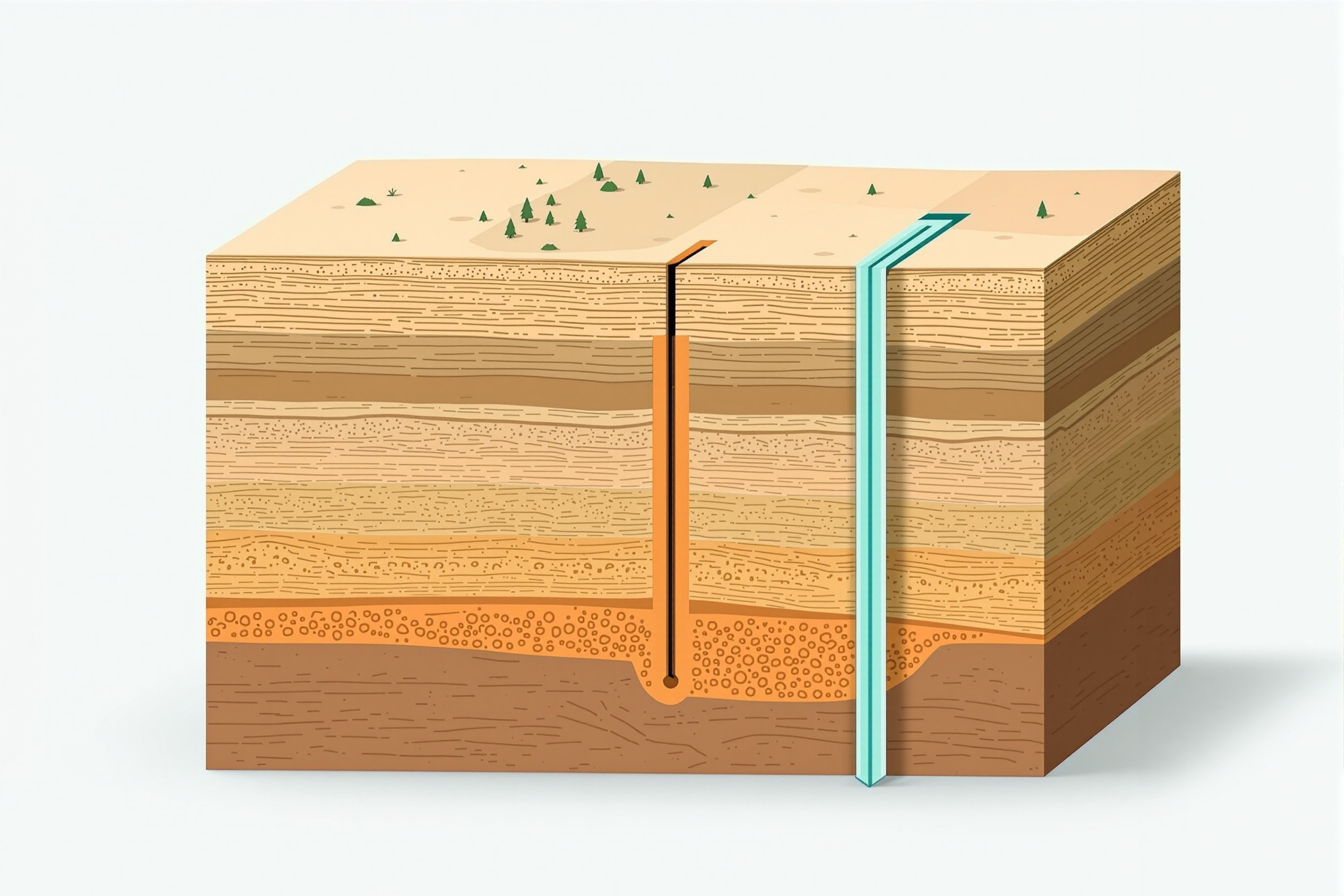 Cross-section of subsurface rock layers showing a reservoir trapped beneath a cap rock