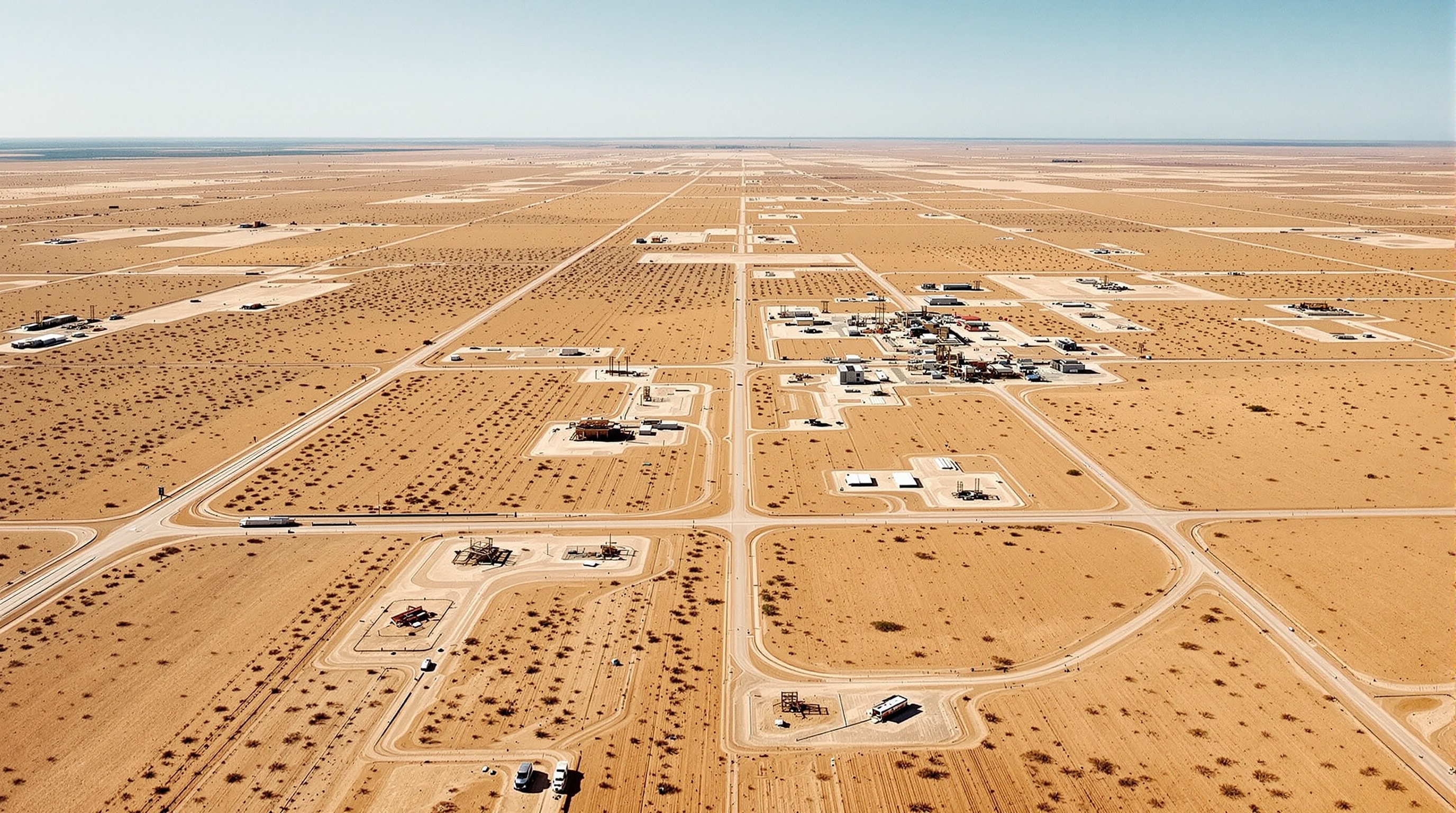 Aerial view of a semi-arid oil and gas basin with a grid of well pads