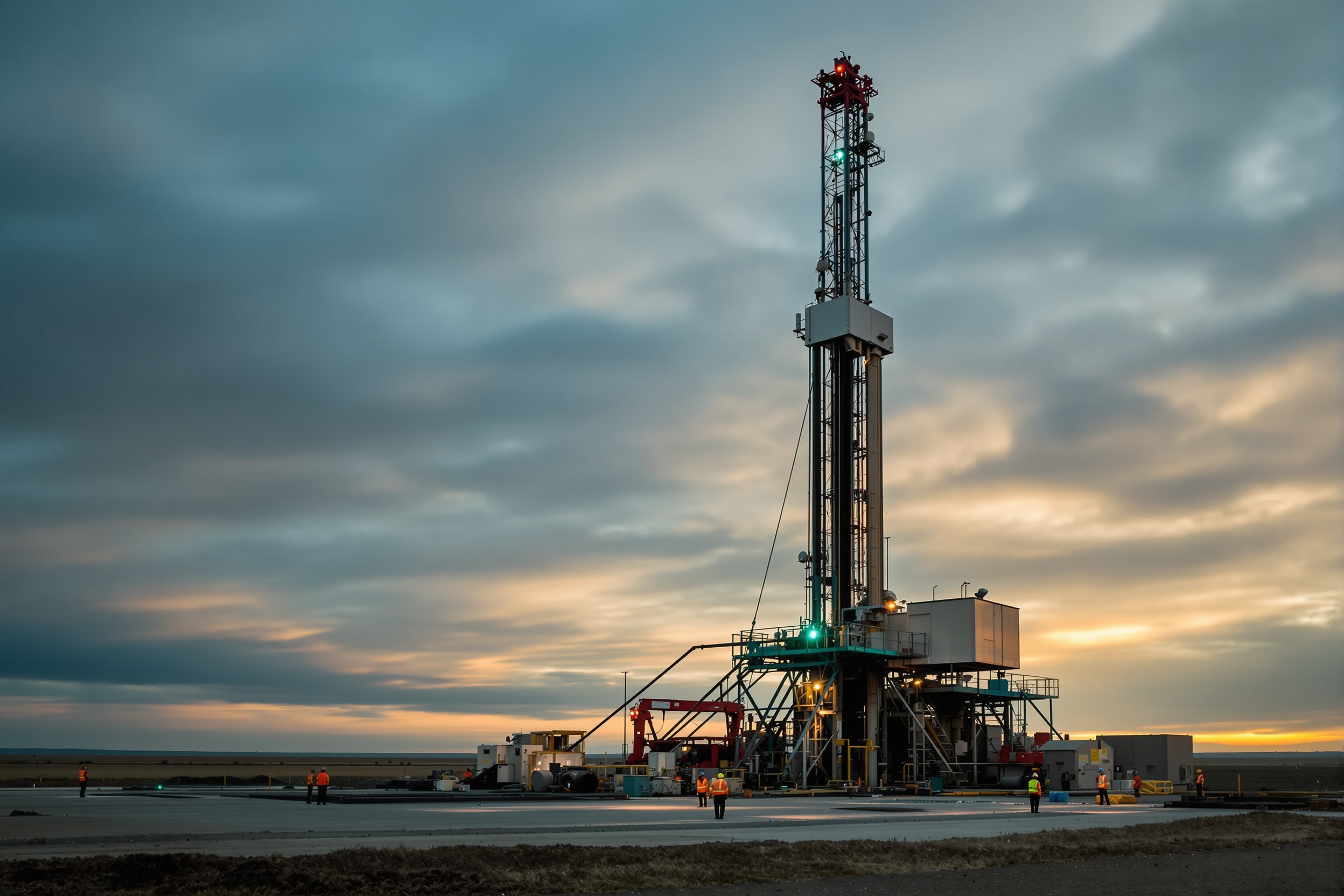 A modern land drilling rig with a tall derrick at dawn