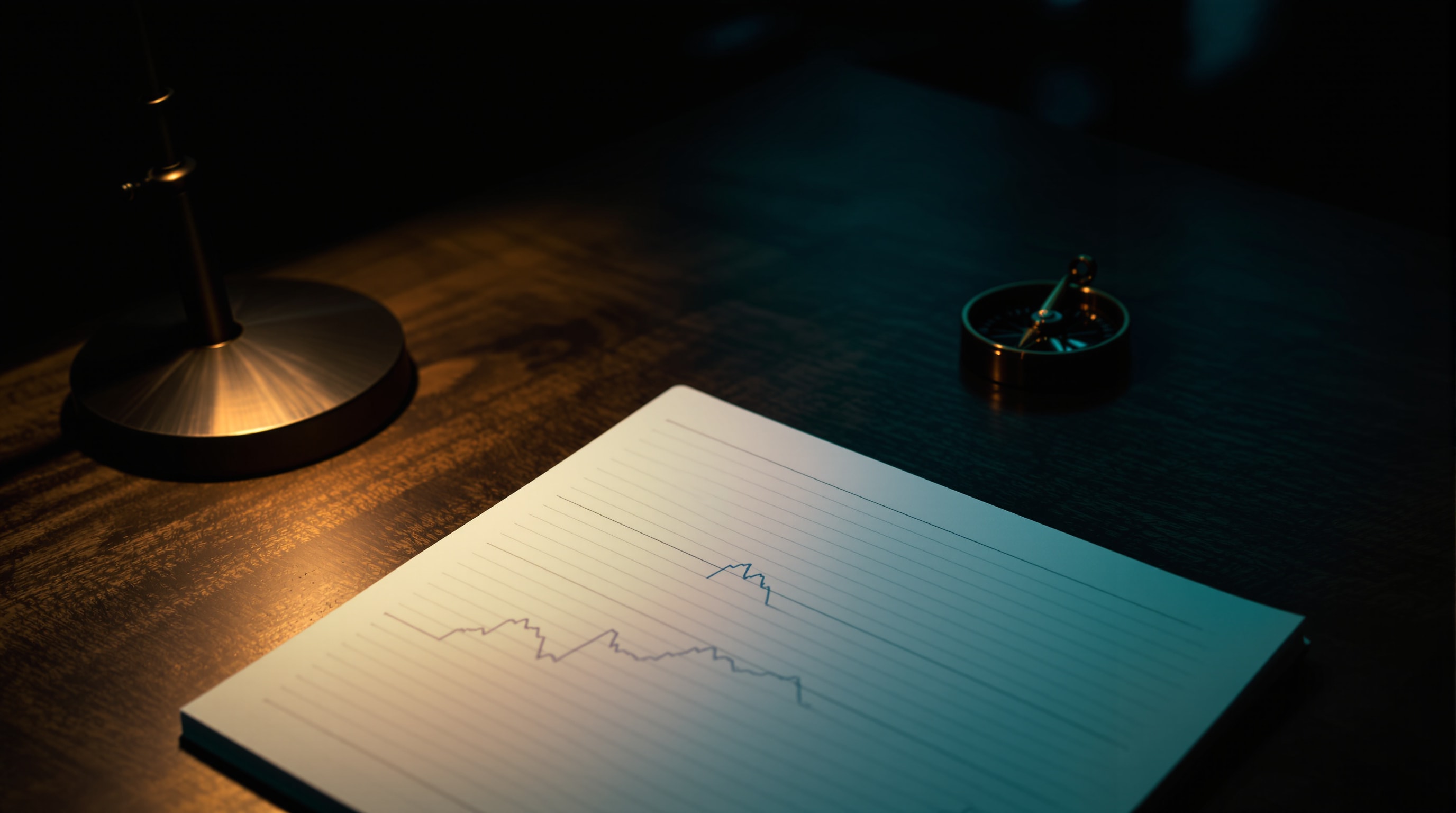 A notebook, printed chart, and compass on a desk representing independent energy analysis