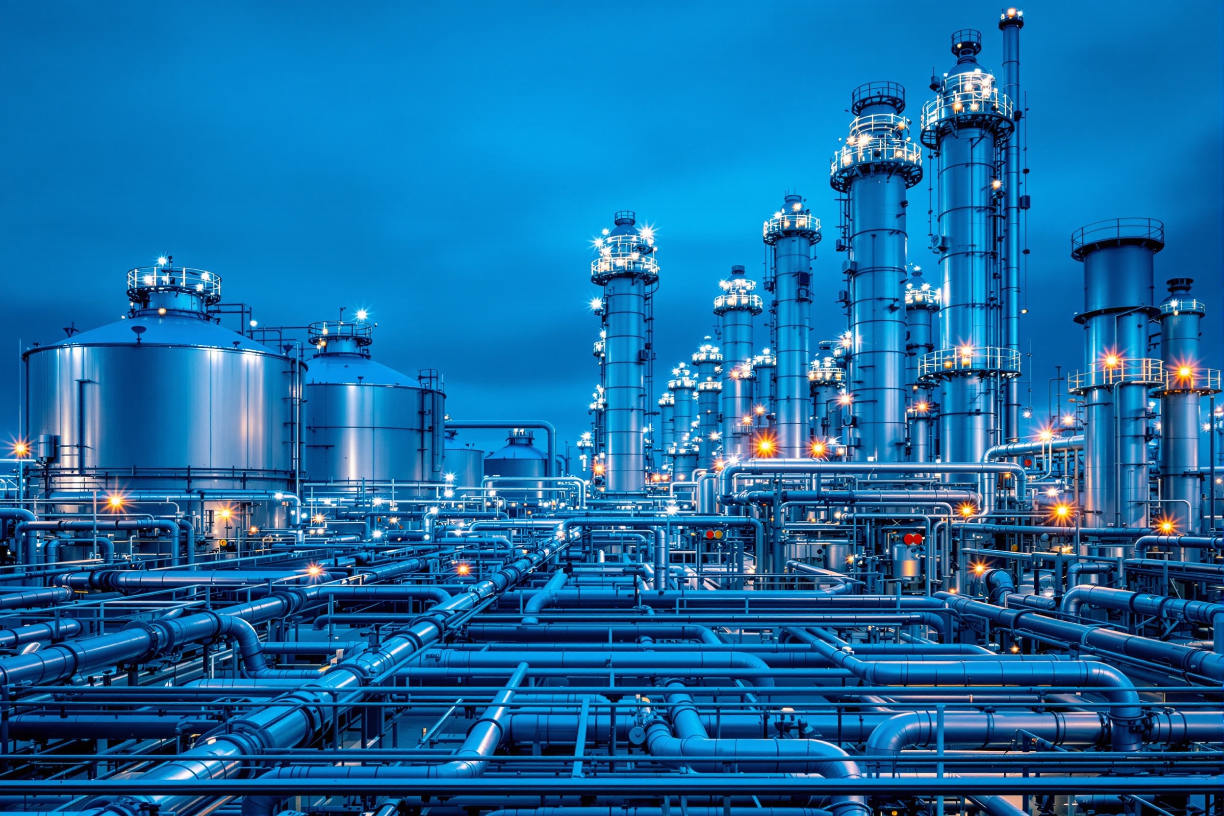 A natural gas processing facility with pipework and storage tanks at dusk
