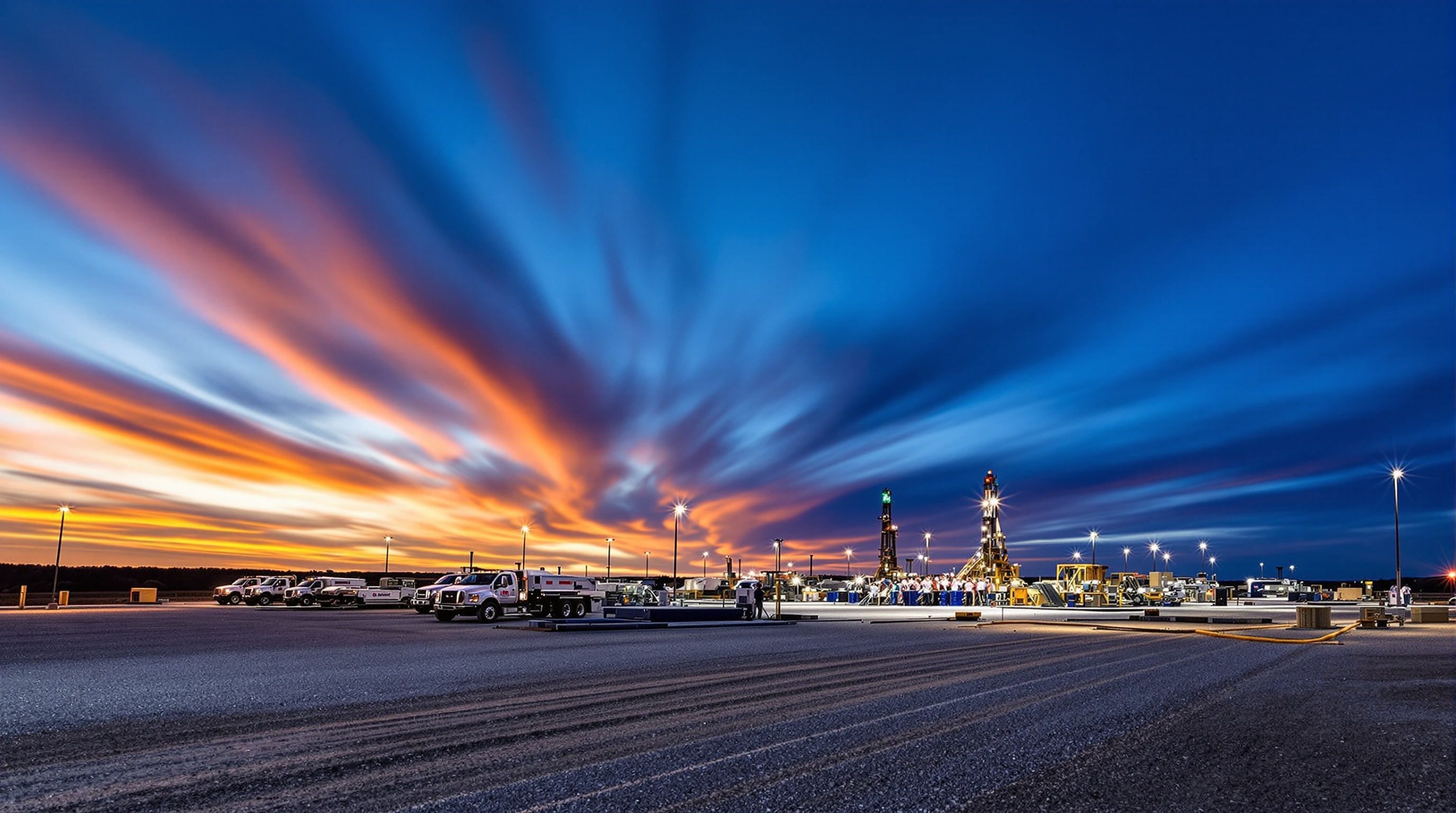 A modern hydraulic fracturing site with pump equipment at dusk