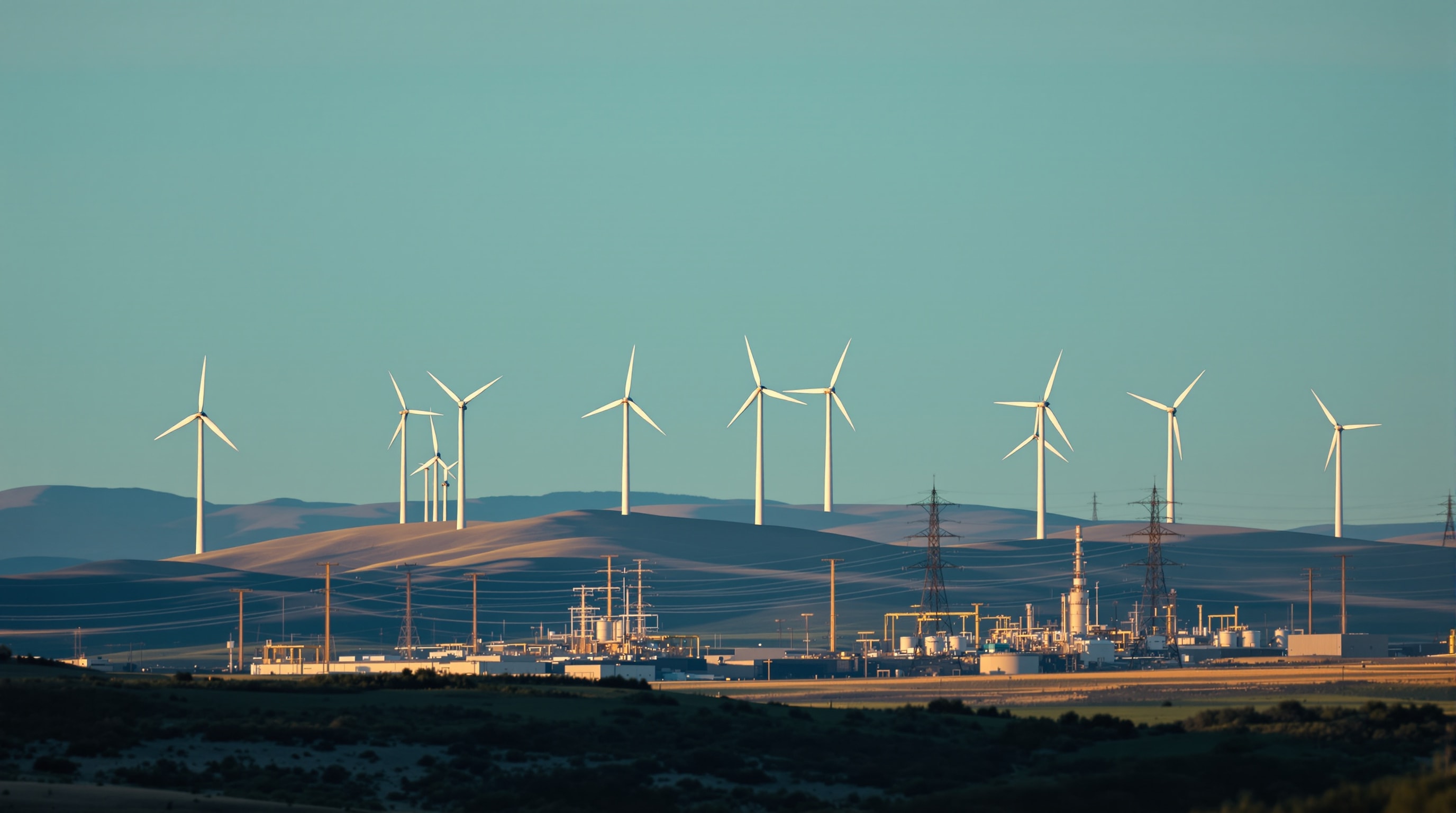 Wind turbines and a natural gas power plant sharing a landscape at golden hour